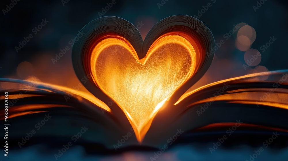 Poster a heart created by the pages of an open book, with warm light creating a cozy atmosphere.