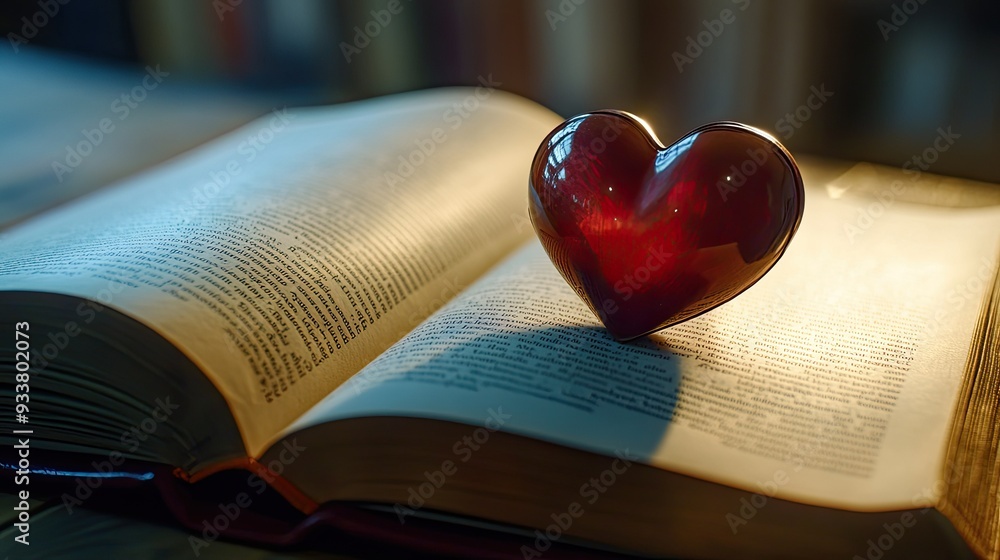 Aufkleber a heart-shaped object placed on an open book, casting a soft shadow in the shape of a heart on the p