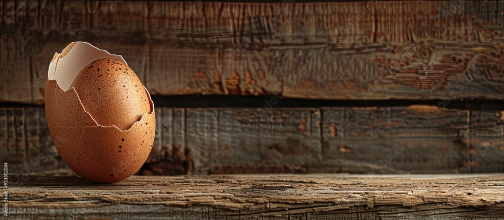 Poster rustic wooden background with an egg in its shell and room for a text or image. image with copy spac
