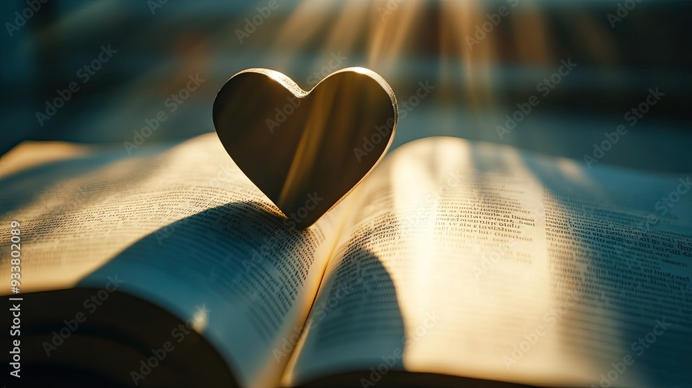 Aufkleber a heart-shaped object placed on an open book, casting a soft shadow in the shape of a heart on the p