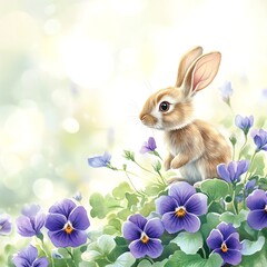 Wild violets and cartoon rabbits in a playful watercolor scene