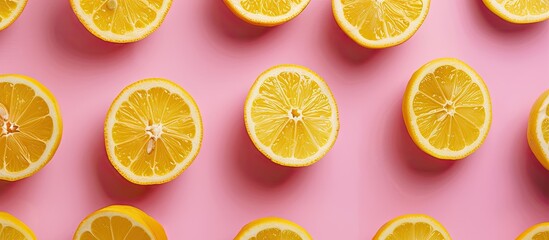 Lemon arranged on a pink background in a creative layout for a flat lay, featuring a top view with copy space, emphasizing a food concept.