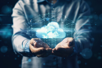 Male hands hold a luminous cloud. Storing digital data in cloud storage concept.