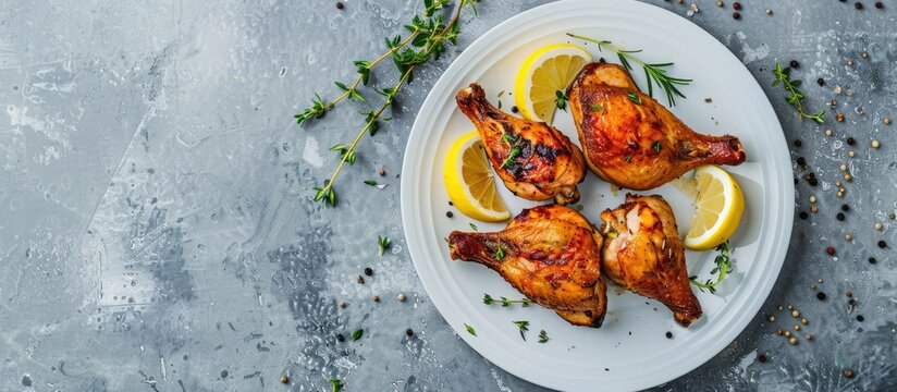 Roasted rooster seasoned with lemon, thyme on white plate over rustic background. Healthy meal. Overhead view with copy space image.