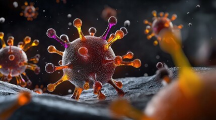 Close-up of a colorful virus, showcasing its intricate structure on a dark background, symbolizing microbiology and health.