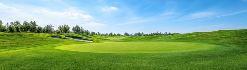 Obraz premium A serene golf course landscape features rolling green hills under a clear blue sky, perfect for outdoor sports and leisure activities.