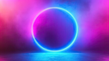 Fototapeta premium A neon blue circle glowing in the middle of a vivid, colorful gradient background, creating a striking visual effect.