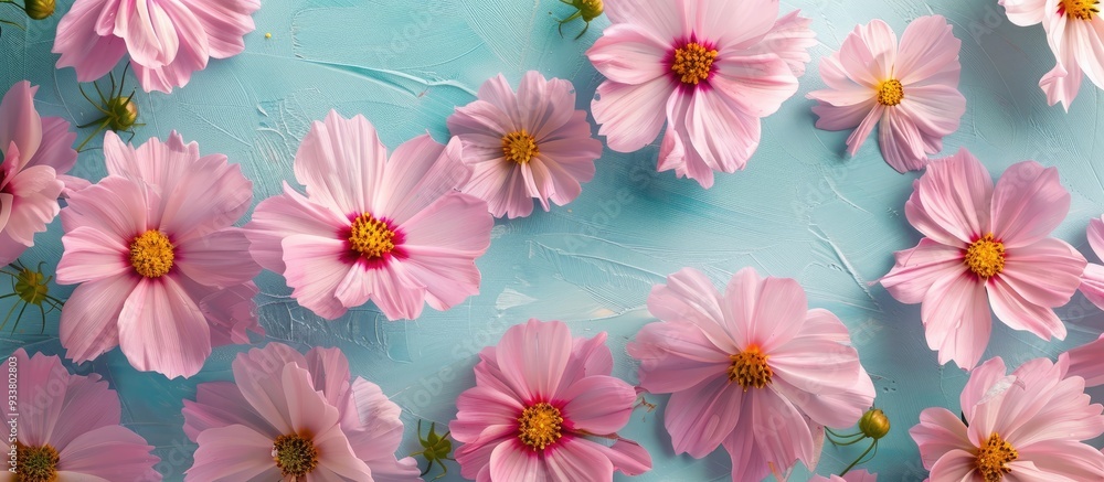Poster pink cosmos flowers arranged on a matching background for a spring or summer theme. top-down view fo