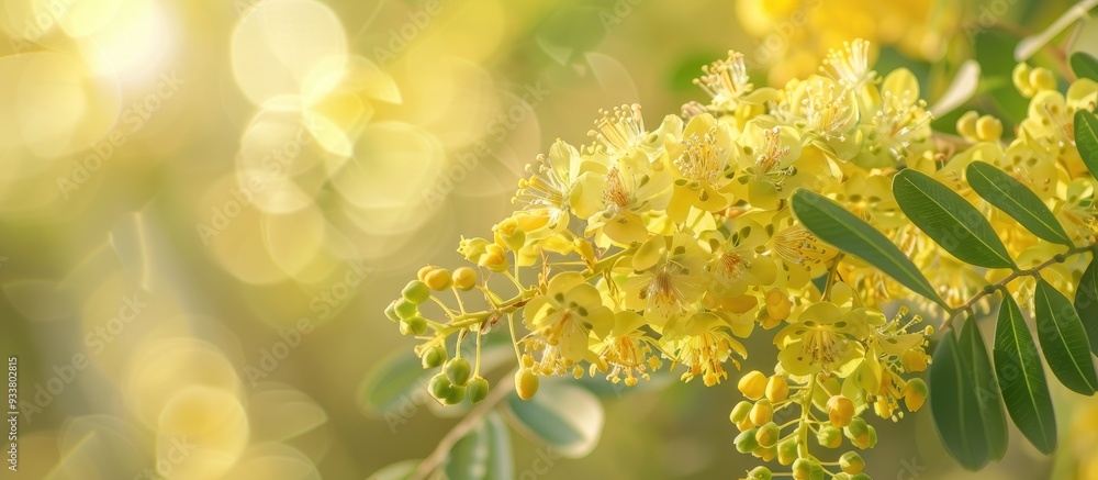 Aufkleber selective focus on blooming acacia flowers in a natural setting with a clear and unobstructed area d