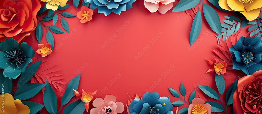 Poster paper flowers and leaves crafted into a frame on a red backdrop with copy space image.