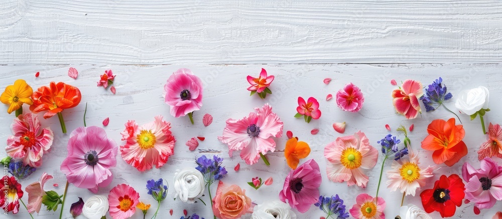 Poster flowers in a lovely display against a white wooden backdrop with space for text or graphics in the i