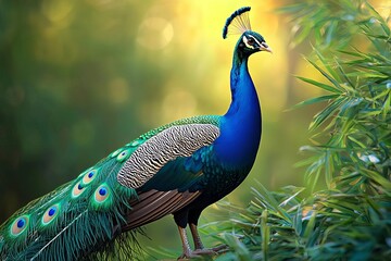 Obraz premium A vibrant peacock displaying its stunning feathers amidst lush greenery, showcasing nature's beauty in a serene environment.