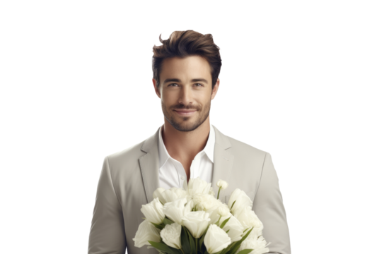 Smiling handsome man holding a bouquet of white flowers in a light suit
