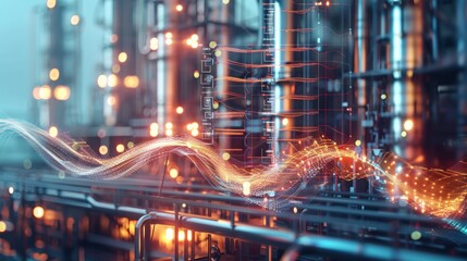 modern chemical manufacturing plant technological background with a stylized digital wave