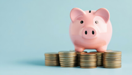 Pink piggy bank with stacks of coins 