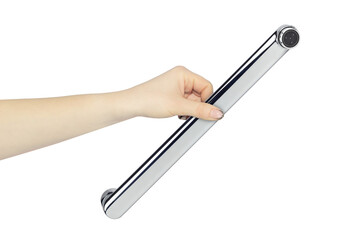 spout from faucet in hand, outstretched hand with spout from faucet isolated from background