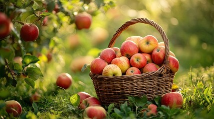 A rustic basket overflowing with freshly picked apples, set in the middle of a lush orchard.