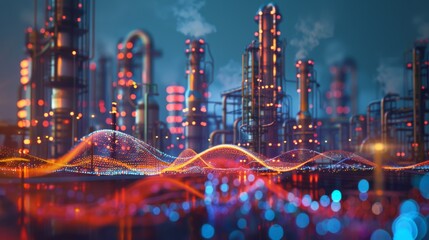modern chemical manufacturing plant technological background with a stylized digital wave