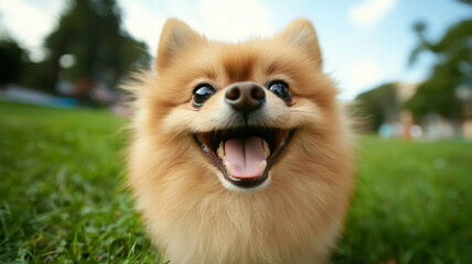 A happy Pomeranian with its mouth open on the grass