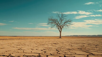 A solitary leafless tree standing tall in a barren desert, with cracked earth extending into the horizon.