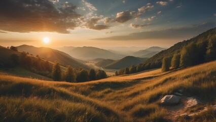 Sunset over a Valley in a Mountain Range