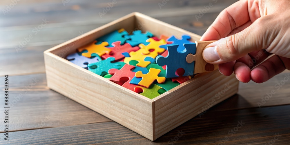 Poster A close-up shot of a person's hand placing a colorful puzzle piece inside a box , solution, problem solving