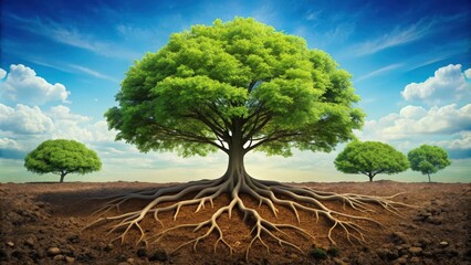 Obraz premium Trees with roots growing deep in the ground, nature, plants, growth, environment, forest, roots, trees, greenery