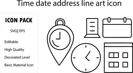 Time, date and address line icon set. Clock, calendar, location pin. Editable stroke. Vector illustration.