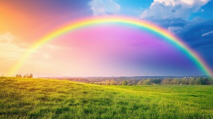 Obraz premium A vibrant rainbow arching over a lush green field, with a clear sky in the background, symbolizing hope and tranquility