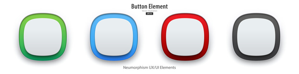 Set of white blank square buttons with light neon colors. Show on and off status. 3D Neumorphism buttons design style for Apps, Websites, Interfaces, and apps. UI UX. Vector illustration.