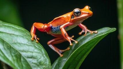 Obraz premium Poison dart frog in mid-leap between two leaves, rainforest background, ultra-detailed, agility and survival in the wild