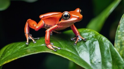 Obraz premium Poison dart frog in mid-leap between two leaves, rainforest background, ultra-detailed, agility and survival in the wild