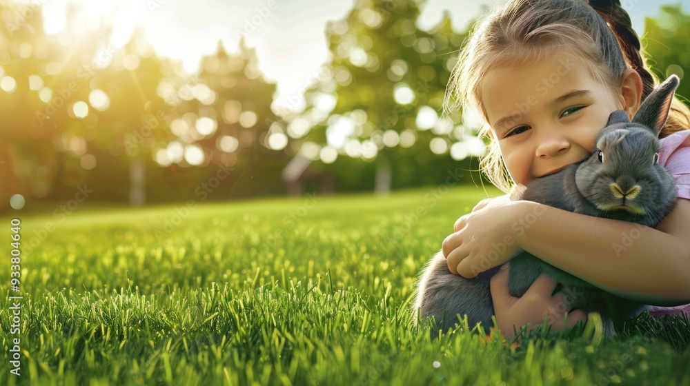 Wall mural Happy Little Girl Hugging a Rabbit in a Green Meadow.