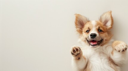 Happy Puppy Lying on Back with Paws Up.
