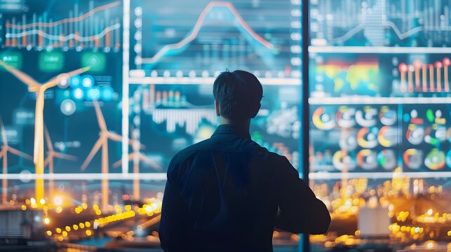 Businessman Analyzing Fluctuating Energy Market Data with Oil and Wind Power Visualization