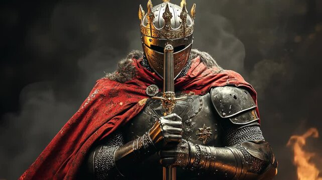 Knight in ornate armor stands confidently with sword in hand amid a dramatic backdrop