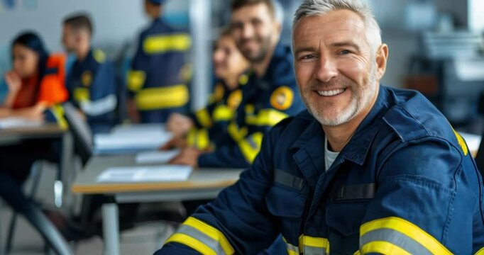fireman rescuer firefighter education training, mature male officer in blue uniform sitting in classroom slow motion, utility worker, emergency service technician personnel learning concept