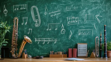 Green chalkboard with sketches of musical scales and wind instruments on the desk, representing a school music class