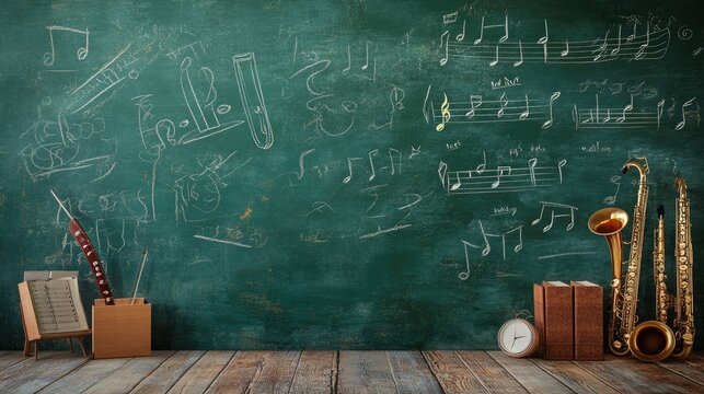 Green chalkboard with sketches of musical scales and wind instruments on the desk, representing a school music class