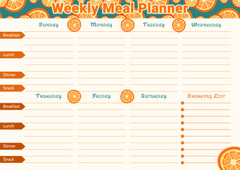 Weekly meal planner template for days of the week with a orange pattern and space for notes