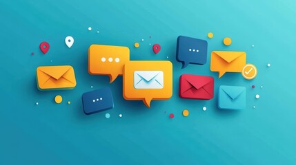 Fototapeta premium A colorful digital illustration featuring speech bubbles and envelopes, symbolizing communication and message exchange