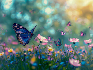 Blue Butterfly Flying Through a Field of Flowers