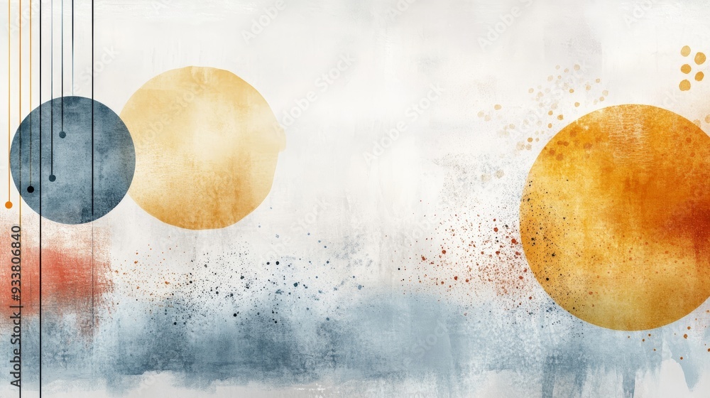 Poster abstract art featuring circular shapes and vibrant splashes of color, creating a serene and modern a