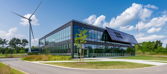 Obraz premium A renewable energy laboratory with researchers developing advanced solar cells and wind turbine designs