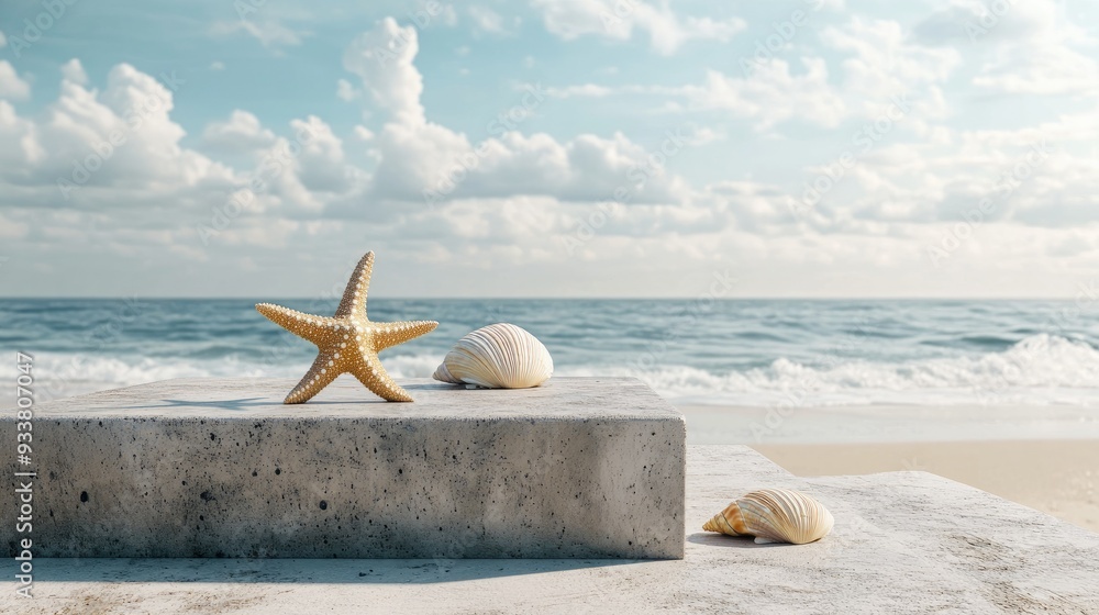 Poster minimalistic podium with a starfish and seashells, set on a beach with the ocean in the background.