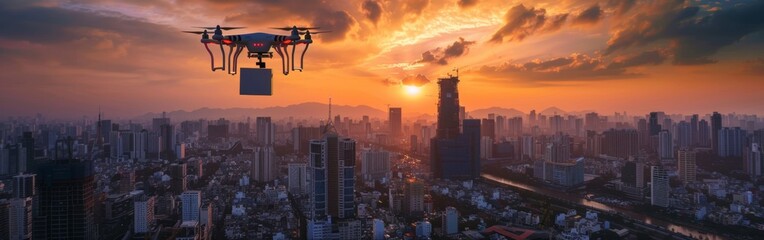 Obraz premium A drone carrying a package flies over a modern cityscape during a vibrant sunset, symbolizing futuristic urban delivery. With copy space for text. Wide web banner.