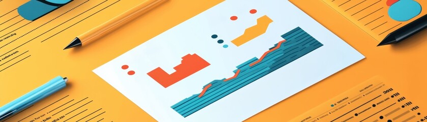 Fototapeta premium A flat lay image featuring colorful charts and graphs on a vibrant orange background, with pencils and notes arranged around them for a dynamic presentation
