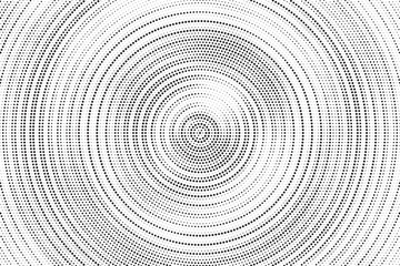 Radial halftone gradient background. Dotted concentric texture with fading effect. Black and white circle shade wallpaper. Grunge rough vector. Monochrome backdrop	
