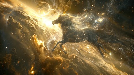 Horse Running Through Golden Galaxy.