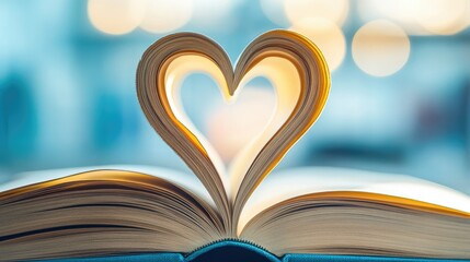 Open book with a heart symbol made from folded pages, symbolizing love and passion for literature.